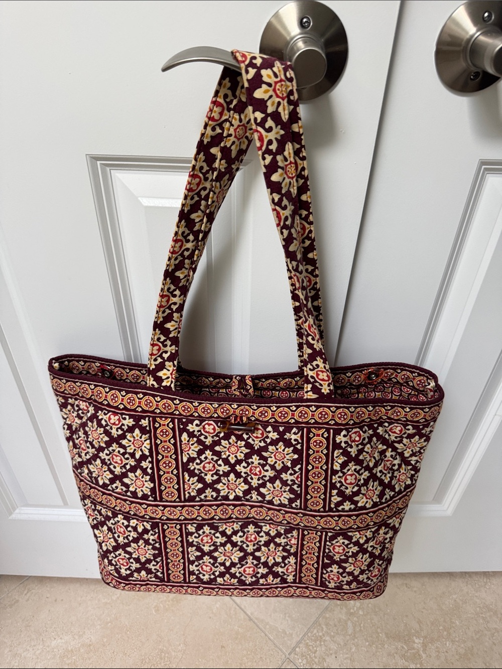 Vera Bradely Quilted Floral Tote Bag in Burgundy and Cream